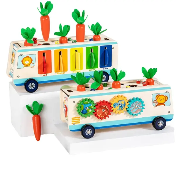 Camion Montessori din lemn 5 in 1 cu morcovi si pescuit magnetic