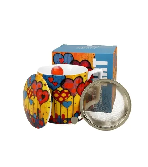 Cana cu capac portelan si infuzor inox, 450ml, Modern Hearts