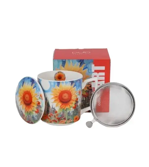 Cana cu capac portelan si infuzor inox, 450ml, Modern Sunflower