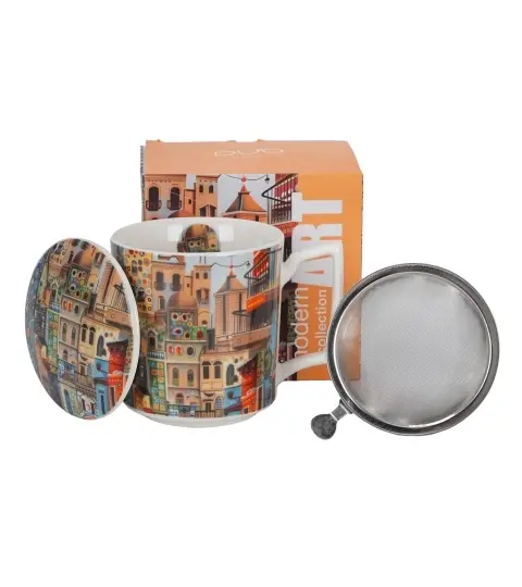 Cana cu capac portelan si infuzor inox, 450ml, Modern Sweet City