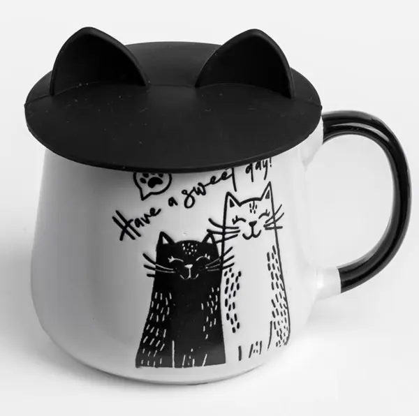 Cana cu capac siliconic urechi pisicuta pentru copii,ceramica,negru,400 ml