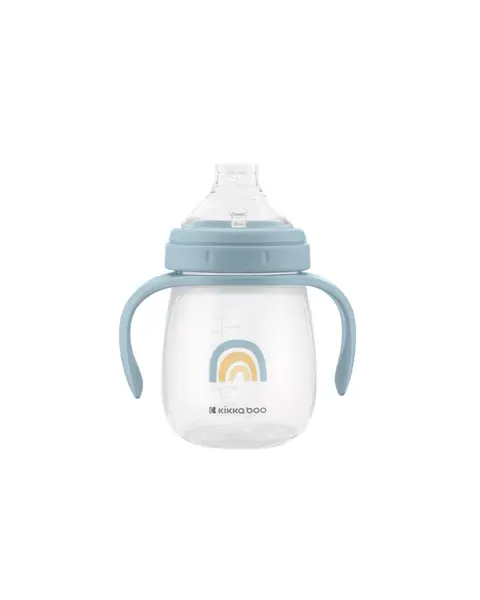 Cana cu cioc din silicon Kikkaboo Stripy Friends Blue 240ml, manere practice,6 luni+
