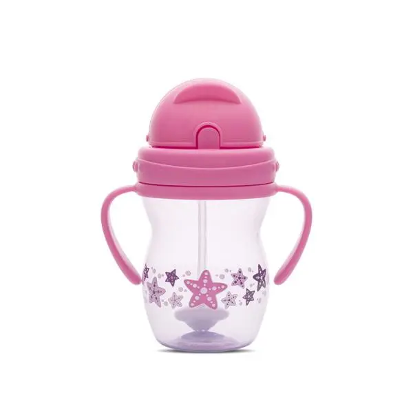 Cana cu manere si pai, anti-varsare, potrivita pentru calatorii, 12 luni+, 275 ml, Pink Purple