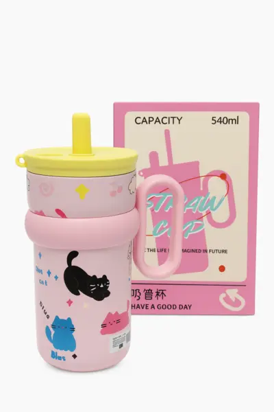 Cana Cu Pai 540ml pentru Copii cu Maner si Design Pisicute