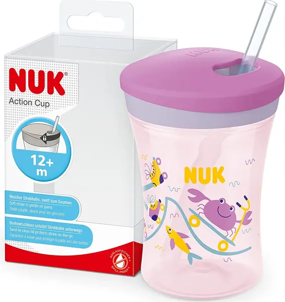 Cana cu pai Nuk Evolution - Action Cup, 230 ml, roz
