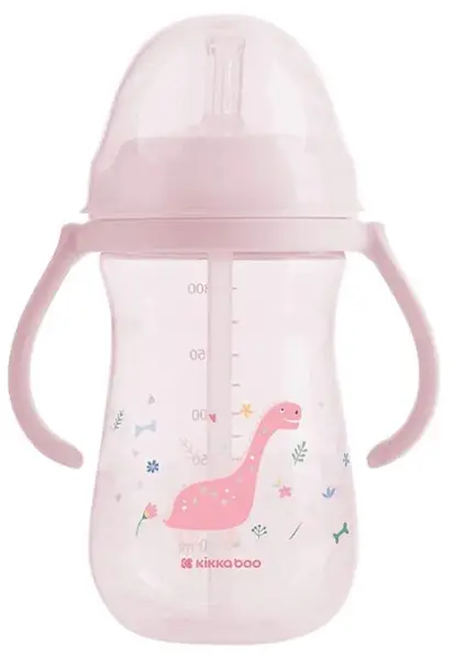 Cană cu un pai de silicon KikkaBoo - Dino World, Pink, 300 ml