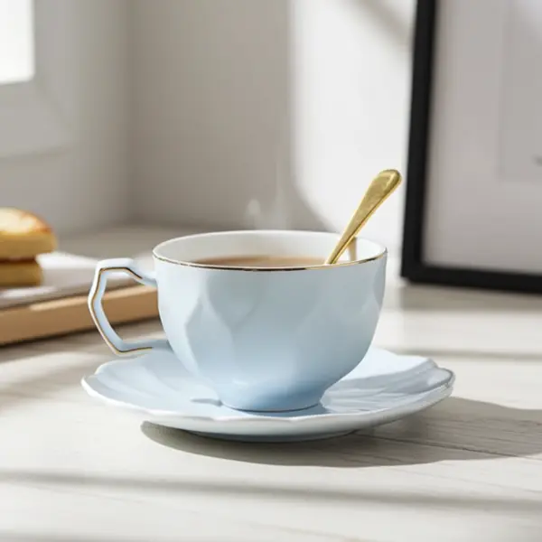 Cană de cafea Morello - Fresh Nordic, cu farfurioară și linguriță, 200 ml, albastru deschis