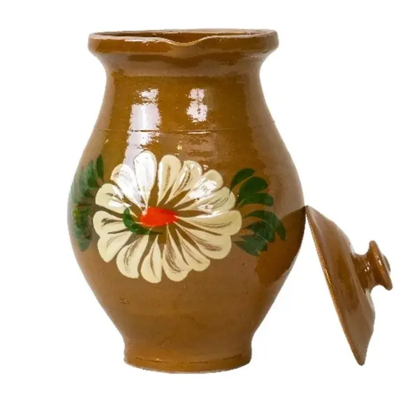 Cana din Lut, Pictata Traditional, cu Capac, Capacitate 1 l, Maro, Zilan