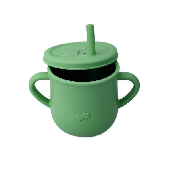 Cana din silicon cu manere si pai pentru copii 200 ml verde pal