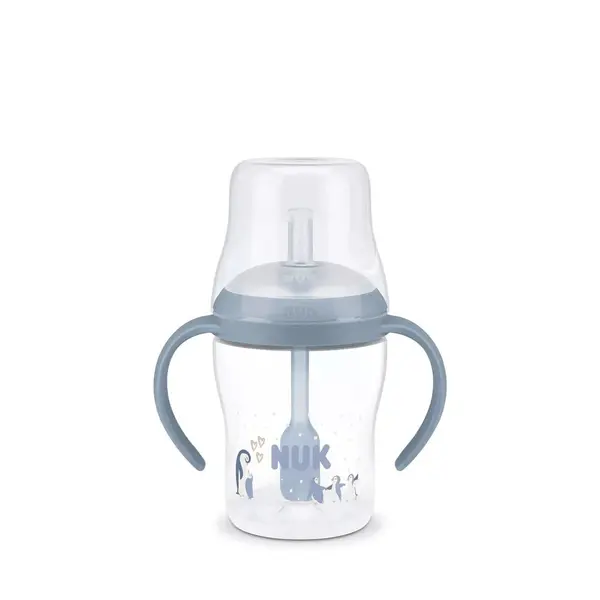 Cana Invatare cu Pai NUK Perfect Match 150 ml Control Temperatura Albastru Pinguin
