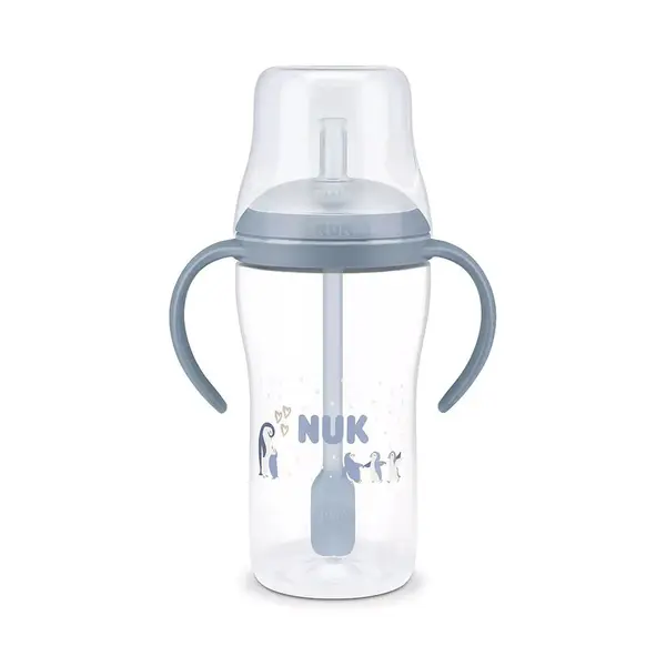 Cana Invatare NUK cu Pai 260 ml Albastru Pinguin 8 luni plus