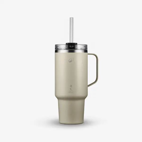 Cană izotermă cu pai 1L din inox, pentru drumeție și camping, bej
