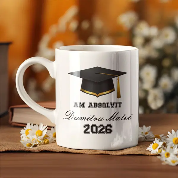 Cana personalizata Absolvent CP175 Interior si toartă roz