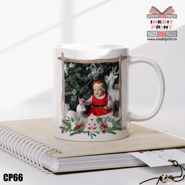 Cana personalizata Craciun poza și nume CP66 Alb