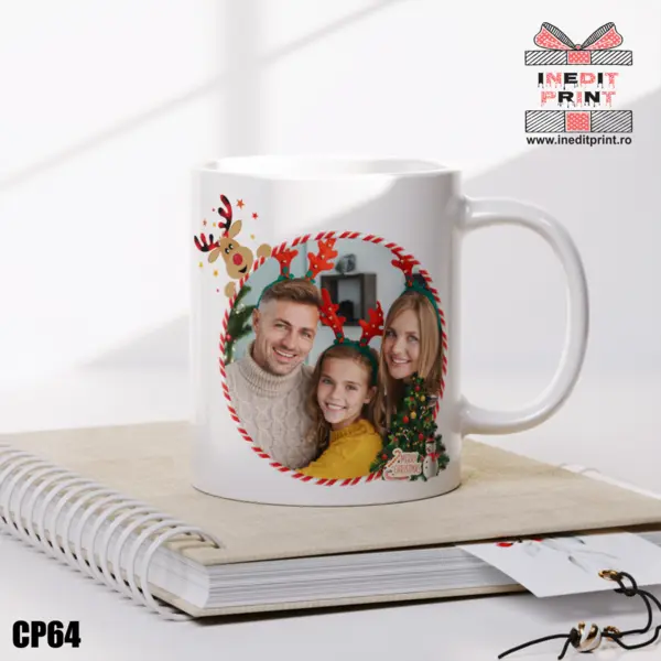 Cana personalizata Craciun poza și text CP64 Interior si toartă albastră