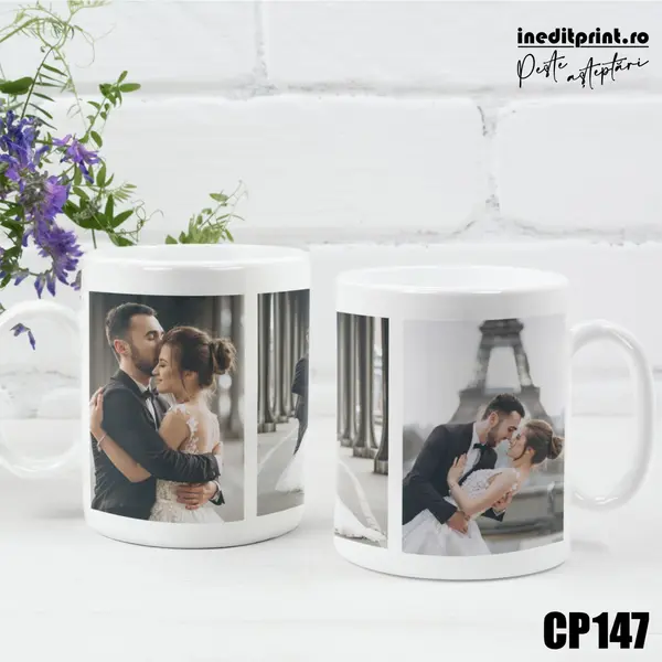 Cana personalizata cu 3 poze CP147 Termosensibila albastra
