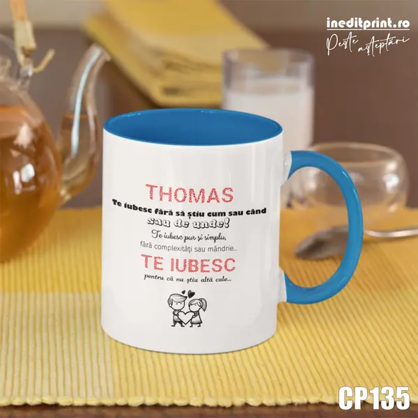 Cana personalizata cu Nume si text CP135 Alb cu interior si toarta Albastra
