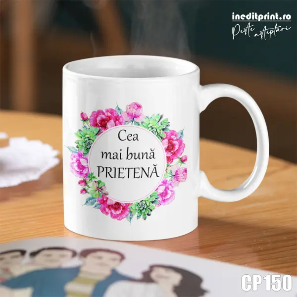 Cana personalizata cu o poza si mesaj CP150 Alb cu interior si toarta Roz