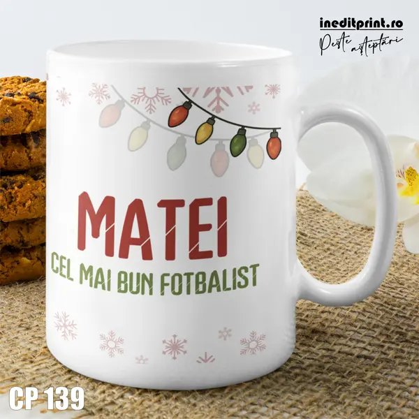 Cana personalizata de Craciun pentru fotbalisti CP139 Alb