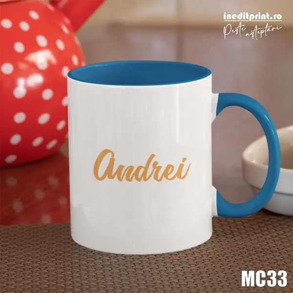 Cana personalizata pentru Tabara MC33 Interior si toartă albastră