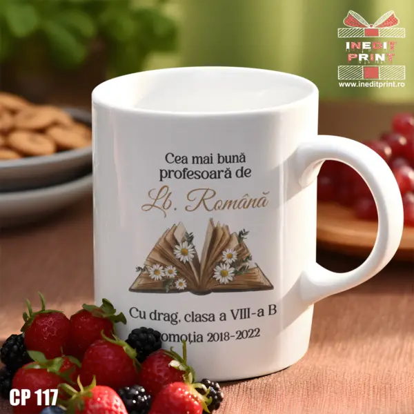 Cana personalizata Profesor Limba Romana CP117 Interior si toartă albastră