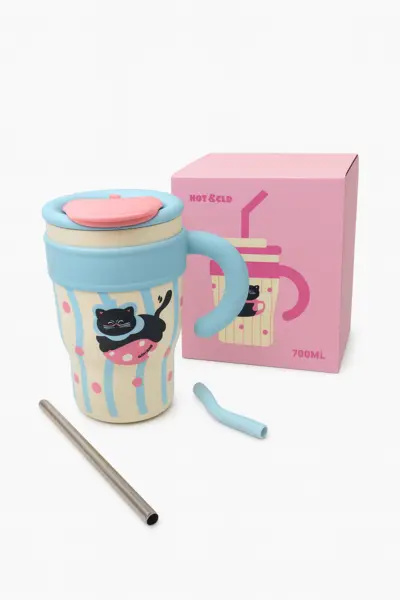 Cana Termo 700ml cu Maner si Pai Metalic - Model Pisicuta, Hot Cold