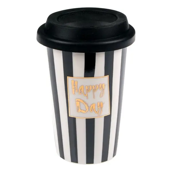 Cana TO GO Happy Day cu capac pentru cafea, Portelan, 410 ml