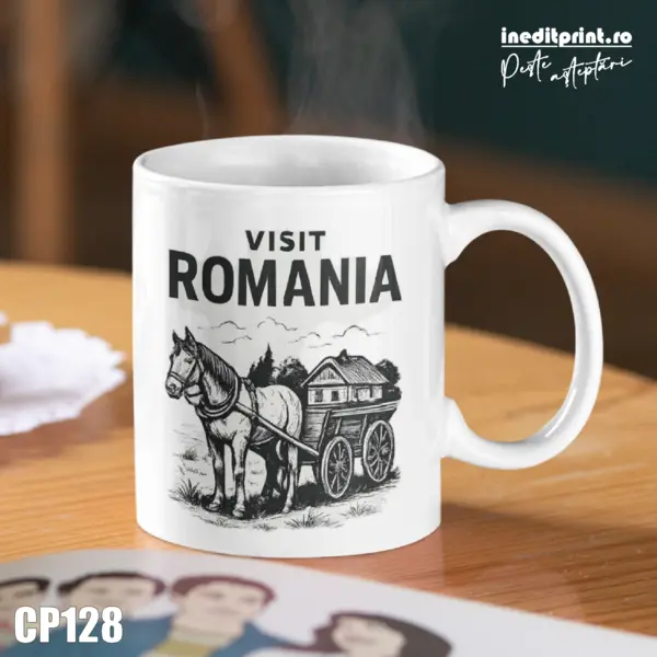 Cana Visit Romania CP128 Alb cu interior si toarta Albastra