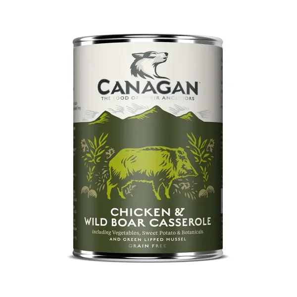 CANAGAN Chicken&Wild Boar Casserole, XS-XL, Pui și Mistreț, conservă hrană umedă fără cereale câini junior & adult, (în supă), 400g