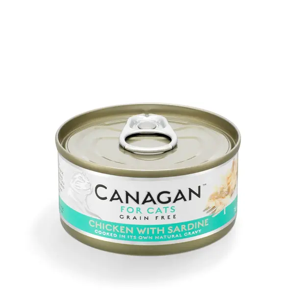 CANAGAN, Pui și Sardine, conservă hrană umedă fără cereale pisici junior & adult, (în suc propriu), 75g