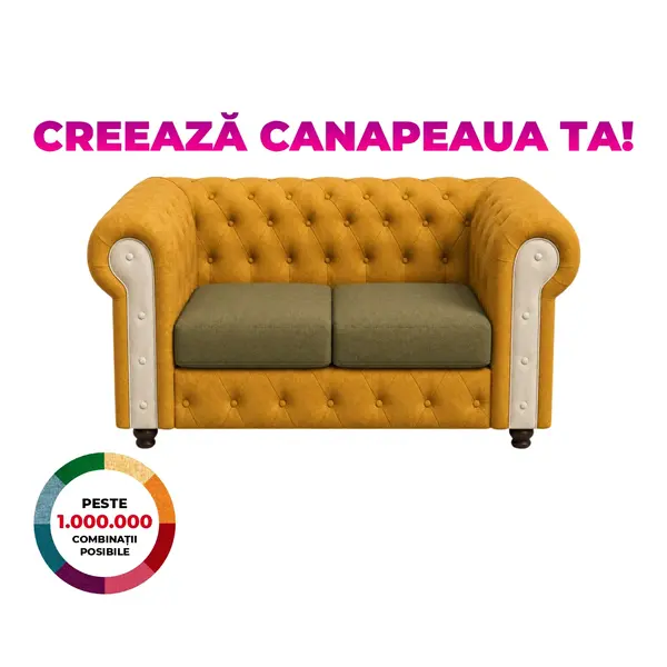 Canapea CHESTERFIELD extensibila, 2 locuri, cu arcuri, 168x90x80 cm, Configurator 3D