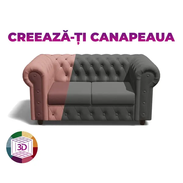 Canapea CHESTERFIELD fixa, 2 locuri, cu arcuri, 168x90x80 cm, Configurator 3D