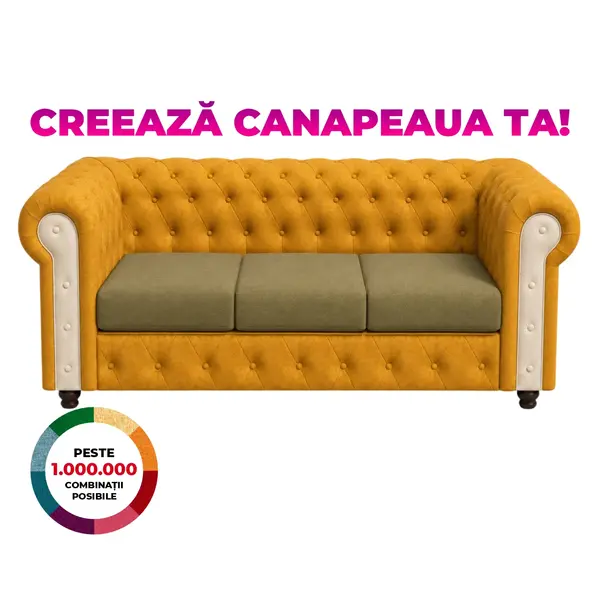 Canapea CHESTERFIELD fixa, 3 locuri, cu arcuri, 205x90x80 cm, Configurator 3D