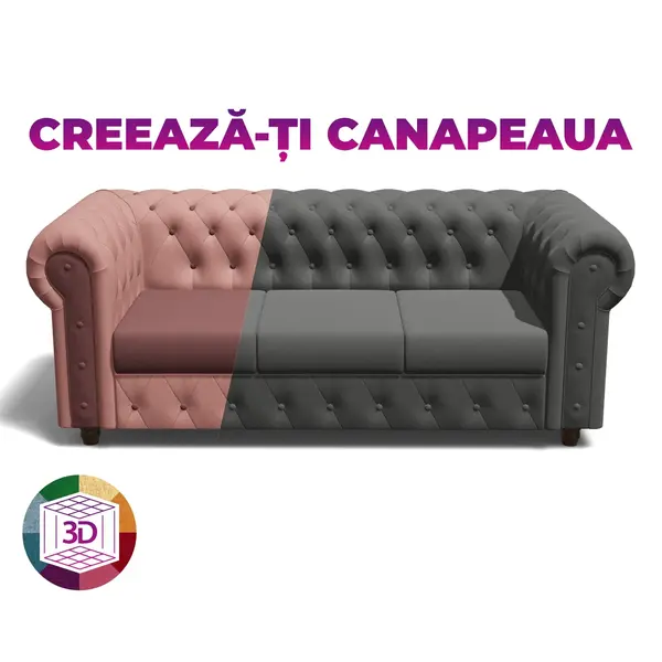 Canapea CHESTERFIELD fixa, 3 locuri, cu arcuri, 205x90x80 cm, Configurator 3D