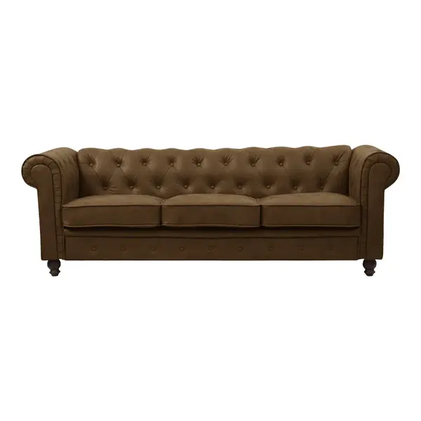 Canapea cu 3 locuri de tip Chesterfield, din tesatura maro antichizata, 203x84x67 cm