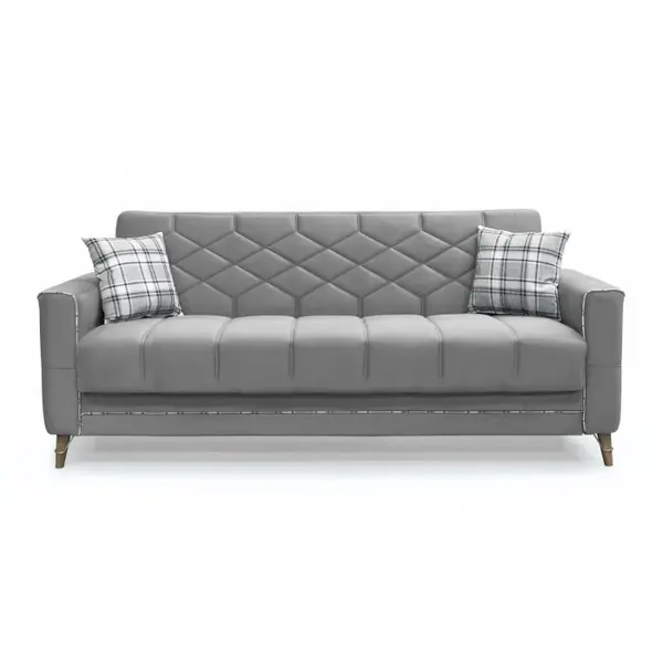 Canapea extensibila ALICE ONE, 3 locuri, cu arcuri si lada pentru depozitare, gri + print, 225x85x85 cm