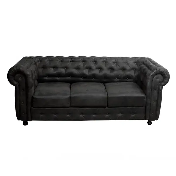 Canapea fixa CHESTERFIELD, 3 locuri, cu arcuri, negru, 205x90x80 cm