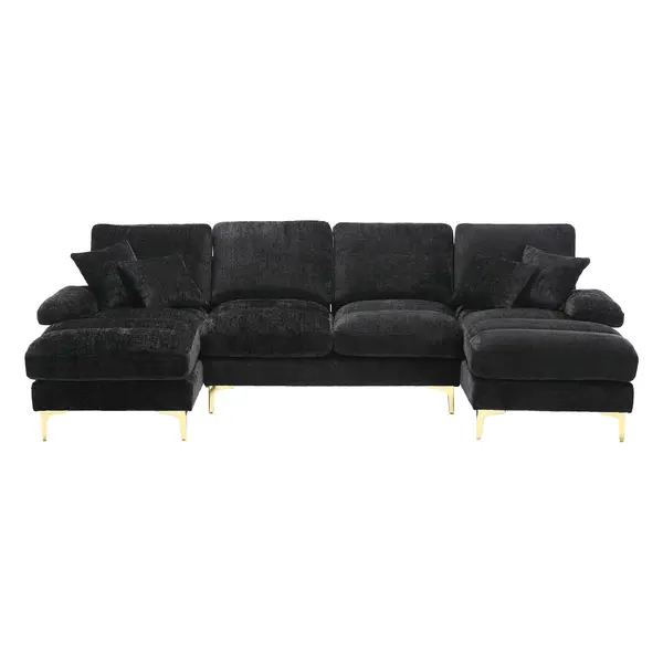 Canapea modulară mare, modernă, în formă de U, din chenille, cu dublu șezlong rabatabil, Negru