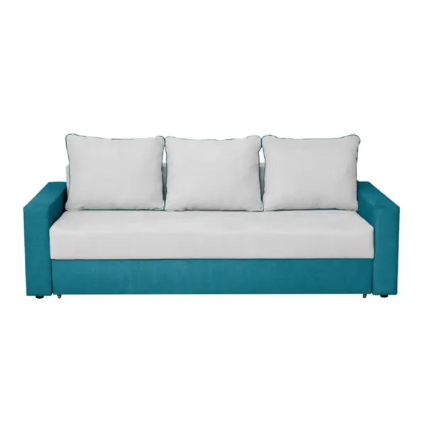 Canapea NICO II 3L extensibila, 3 locuri, cu arcuri si lada depozitare, albastru + gri deschis, 220x85x75 cm