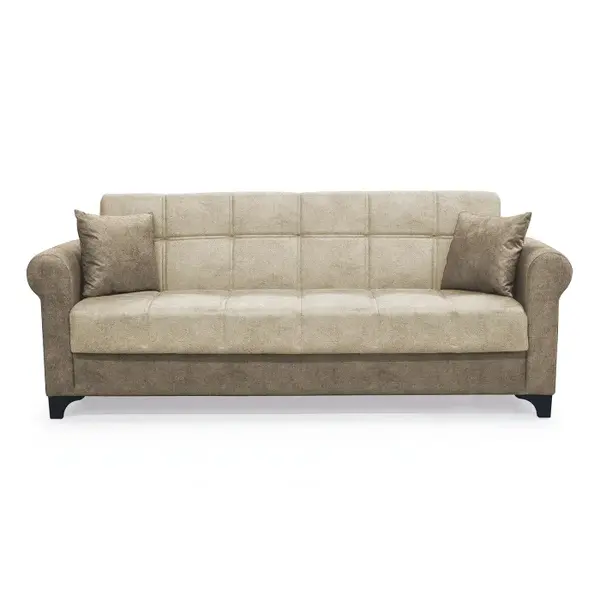 Canapea SALLY extensibila, 3 locuri, cu arcuri si lada depozitare, bej + maro, 215x80x83 cm