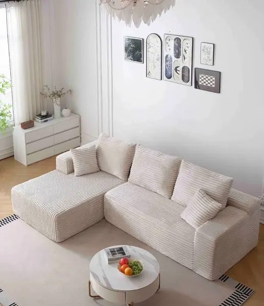 Canapea tip Coltar Ribba Soft, Spuma HD, Design in dungi, Ambalat Vidat, crem