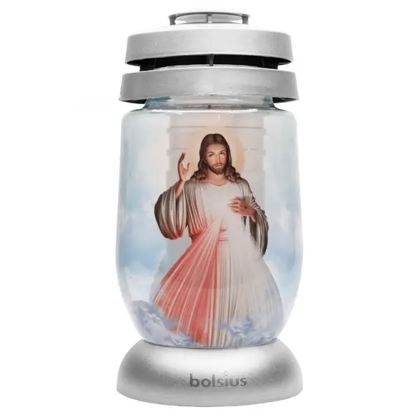 Candela Bolsius din Sticla 3 l cu Hristos, Argintie, 36 Ore