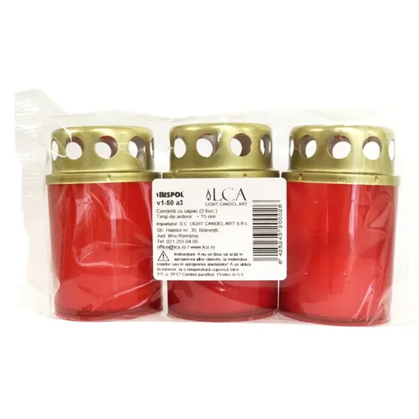 Candela cu Capac Anti-vant, Plastic Rosu, 15 Ore, 3 Buc