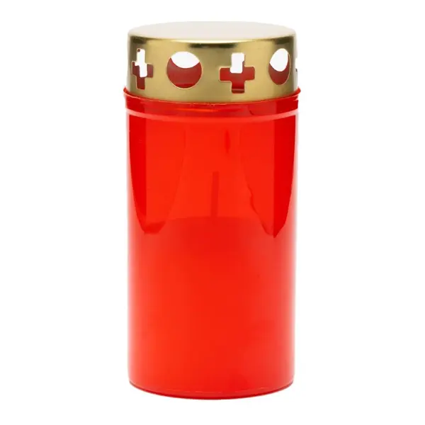 Candela Plastic Rosu cu Fitil, Capac Auriu, 36 Ore