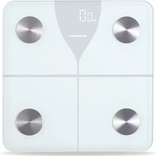 Cantar de baie inteligent Heinner HBS-BTH180WH, sticla securizata 5mm, 180kg, functie bluetooth, display led, gradare: 100g, pornire/oprire automata (Alb)