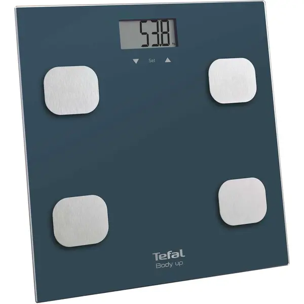 Cantar de baie inteligent Tefal Body Up BM2520V0, 150 KG, 8 memorii, 35 mm grosime, indice de masa corporala, gradatii la 100 g, 32 x 32 cm, sticla, albastru