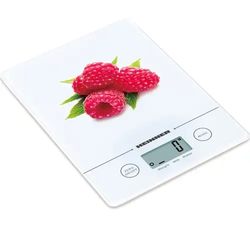 Cantar de bucatarie Heinner Raspberry HKS-5-RSB, 5 kg, sticla securizata, control touch cu display LCD, functie tara, functie cantarire lichide, gradare 1 g, baterie inclusa cr2032 (Alb)