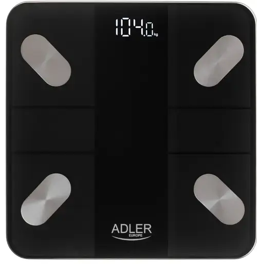 Cantar electronic inteligent de baie Adler AD 8186, Bluetooth, Tuya, display LED, 180 kg, platforma de sticla 6 mm, apa/grasime/masa musculara/masa osoasa, Auto ON/OFF (Negru)