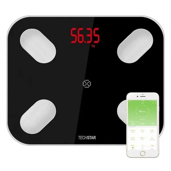 Cantar Electronic Smart Techstar®, Negru, Display Digital, Wireless, Bluetooth, Greutate 180kg Max, Compatibil Android & iOS