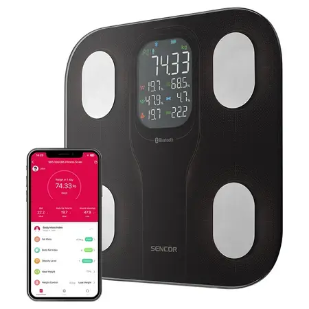 Cantar Smart Fitness Sencor SBS9002BK, Bluetooth, Analiza masuratorilor, IMC, Procente corporale (Negru)